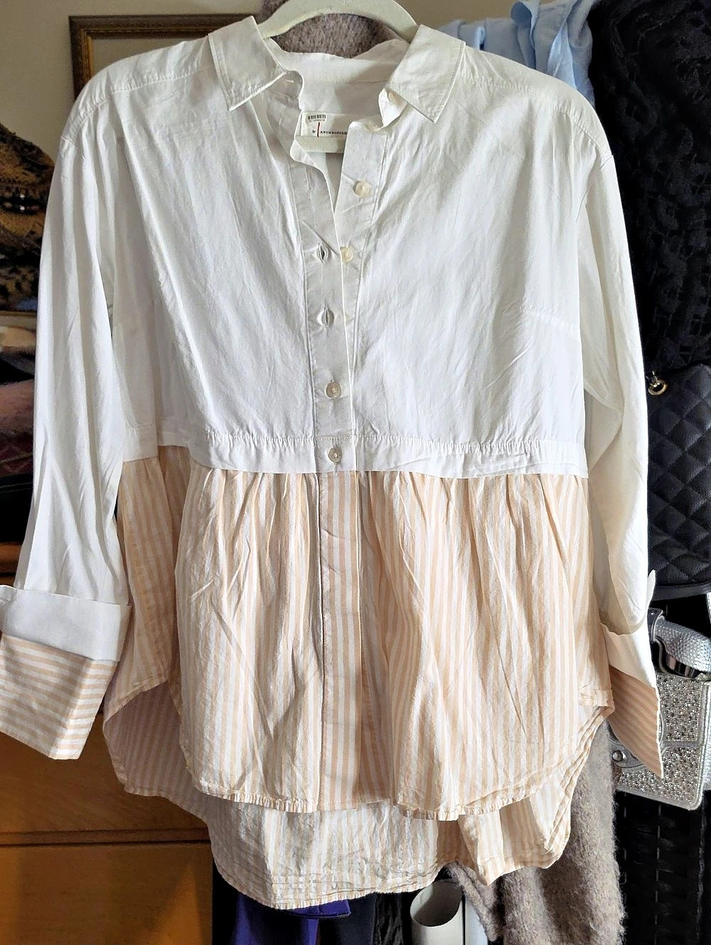 Anthropologie Striped Button Down Top in White & Pink Size Small